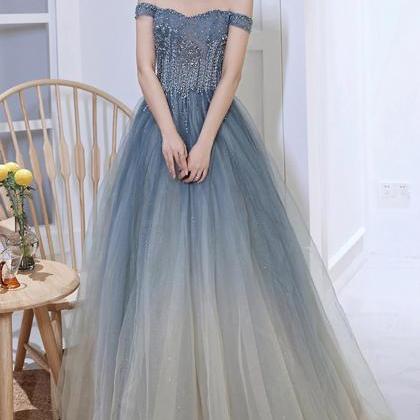 A Line Blue Gradient Beaded Tulle Long Formal..