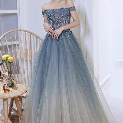 A Line Blue Gradient Beaded Tulle Long Formal..