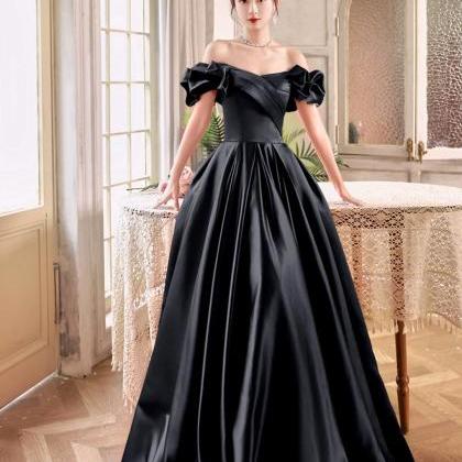 Floor Length Black Satin Long A-line Prom Dresses