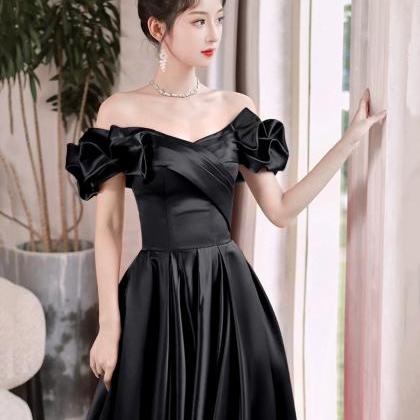 Floor Length Black Satin Long A-line Prom Dresses