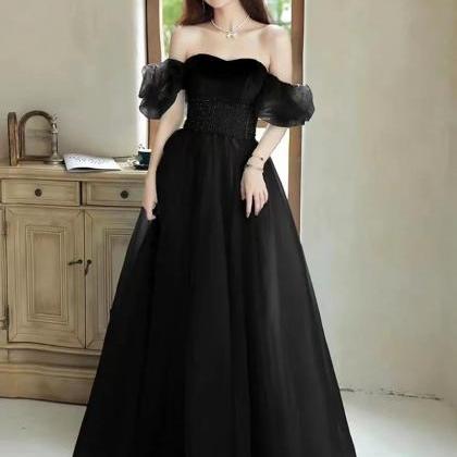 Beautiful Off The Shoulder Black Tulle Long Prom..