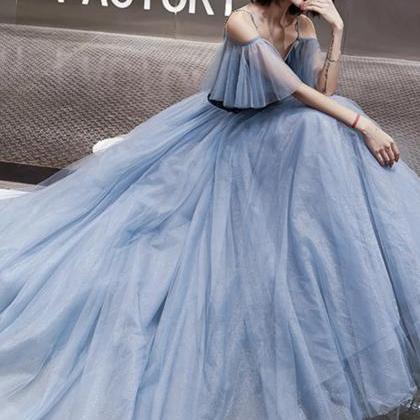 A Line Blue Tulle Long Prom Dresses With Velvet