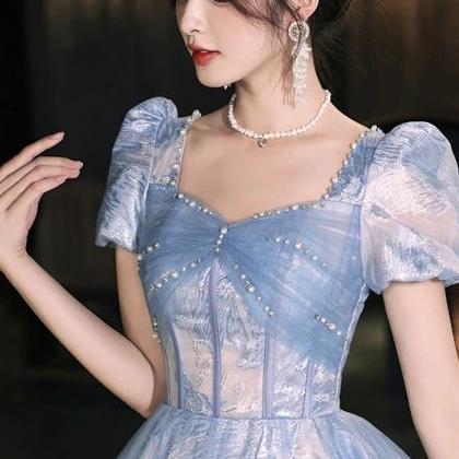 Beautiful A-line Blue Tulle Long Party Dresses..