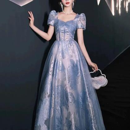 Beautiful A-line Blue Tulle Long Party Dresses..