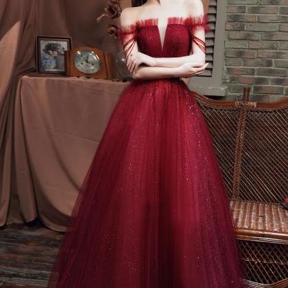 Off The Shoulder Burgundy Tulle Beaded Long Prom..