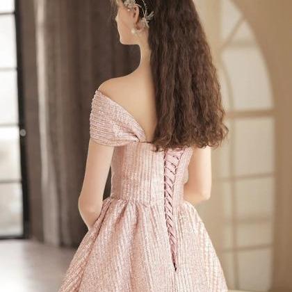Cute Off The Shoulder Pink Satin Tea Length Prom..