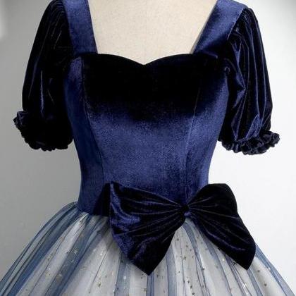 Wonderful Navy Blue Velvet Tulle Long Ball Gown..