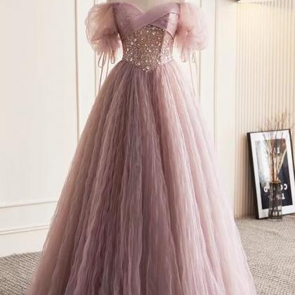A Line Pink Tulle Sequins Floor Length Prom..