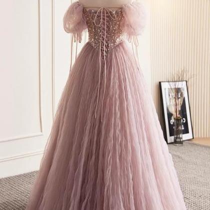 A Line Pink Tulle Sequins Floor Length Prom..
