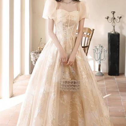 Champagne Tulle Long Prom Dresses With Short..