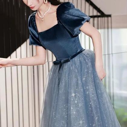 Beautiful Short Sleeve Blue Velvet Tulle Long Prom..