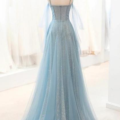 A-line Spaghetti Strap Dusty Blue Sparkly Tulle..