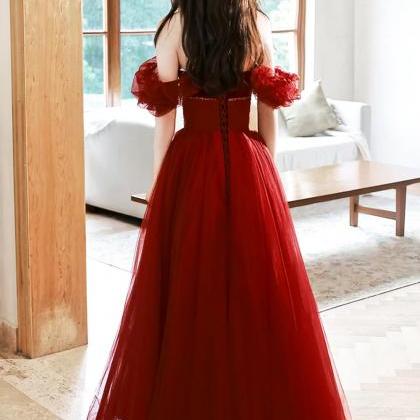 Strapless Burgundy Tulle Long Prom Dress With..