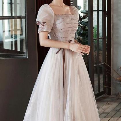 Lovely A-line Short Sleeve Tulle Sequins Long Prom..