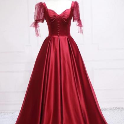 Simple Red Satin Sweetheart Neck Long Formal..
