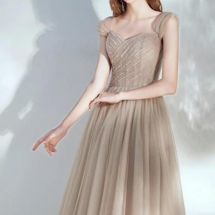 Beautiful Champagne V-neck Tulle Long Prom Dress..