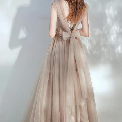 Beautiful Champagne V-neck Tulle Long Prom Dress..
