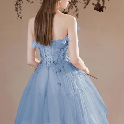 A-line Strapless Blue Tulle Long Formal Dress With..