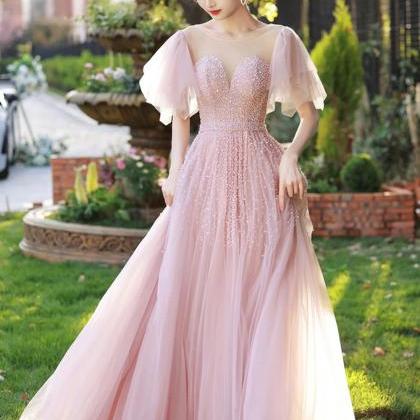Sexy Pink Tulle Beaded Long Prom Dress, Party..