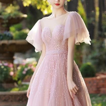 Sexy Pink Tulle Beaded Long Prom Dress, Party..