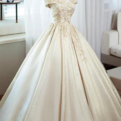 Off Shoulder Champagne Satin Long Prom Dress With..