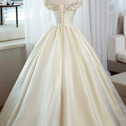 Off Shoulder Champagne Satin Long Prom Dress With..