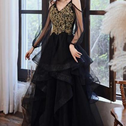 Spaghetti Strap Black Tulle Long Prom Dress With..