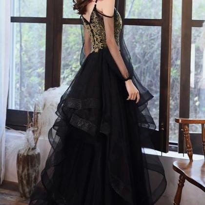 Spaghetti Strap Black Tulle Long Prom Dress With..