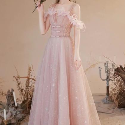 Off The Shoulder Tulle Pink Prom Dress