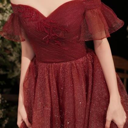 A Line Burgundy Shiny Tulle Long Prom Dresses
