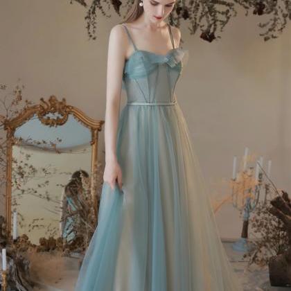 A-line Spaghetti Strap Tulle Long Evening Dress