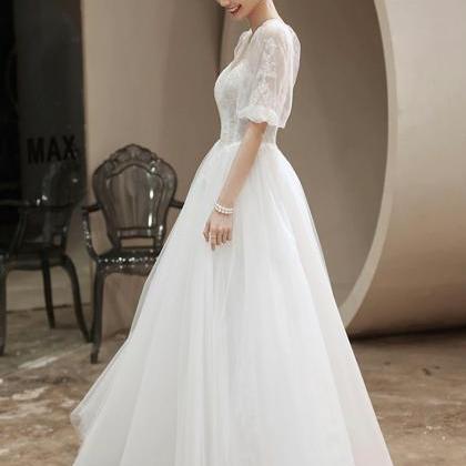 A-line Lace Scoop Neckline Puff Sleeves Tulle..