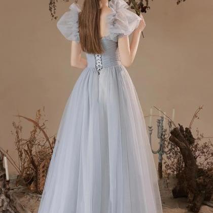 Off The Shoulder Gray Tulle Long A-line Prom..