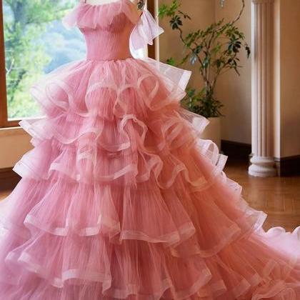 Spaghetti Strap Pink Tiered Ruffle Tulle Ball Gown