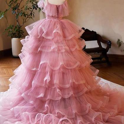 Spaghetti Strap Pink Tiered Ruffle Tulle Ball Gown