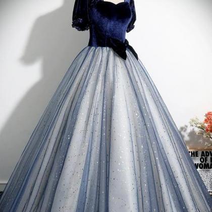 A-line Short Sleeve Blue Velvet Tulle Long Prom..
