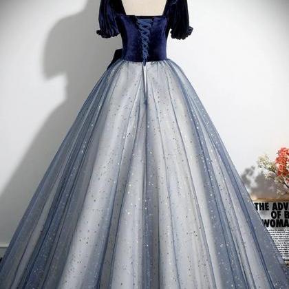 A-line Short Sleeve Blue Velvet Tulle Long Prom..