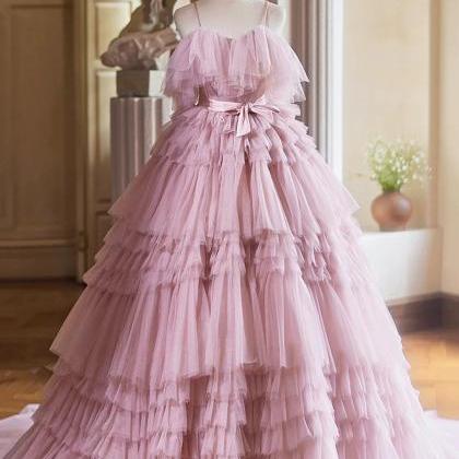 Gorgeous Pink Tulle appliques Pleated Ruffles Ball Gown,Multi Layered A Line Prom Dress Y8038