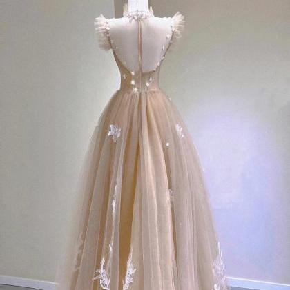 Light Champagne Tulle and Satin Tea Length Party Dress, Light Champagne Homecoming Dress main image 1