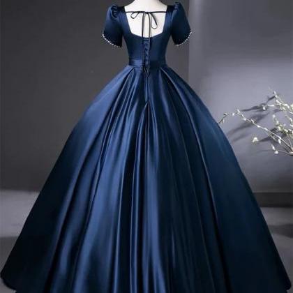 Midnight Blue Satin Gown With Bow Detail And Puff Sleeves 2025 on Luulla