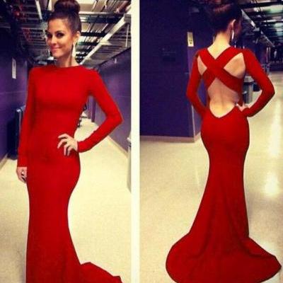 Long Sleeves Mermaid Prom Dress, Red Backless Prom Dress,Cheap High Neck Trumpet Long Sexy Prom Dresses Court Train Open Back Evening Prom Gowns Graduation Dresses Bridesmaid Dress