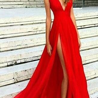 Beauty Sexy Prom Dress,Long Evening Dress,Cheap Prom Dress, V-neck Prom Dresses, Red Evening Gowns,Split Prom Dresses,Slit Sexy Party Dresses,.Red Prom Dress