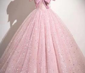 Unique Off-shoulder Pink Tulle A-line Long Prom Dress With Trailing Online, OL311 main image 1