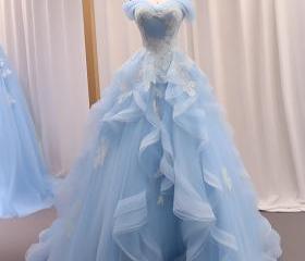Sky Blue Tulle Floral-Embellished Ball Gown – Romantic & Whimsical Evening Party Dress main image 0