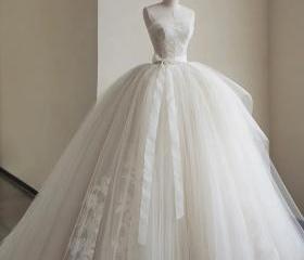 Satin Strapless Ball Gown Classic Beaded Appliqued Dress White main image 1