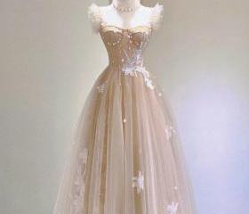Lovely Light Champagne Cap Sleeves Floral Tea Length Party Dress, Cute Wedding Party Dresses