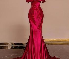 Sexy Off Shoulder Red Satin Evening Dress with Side Split Floor Length Party Dress main image 1