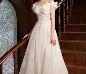 Off Shoulder Two Tone Bow Sheath Wedding Gown