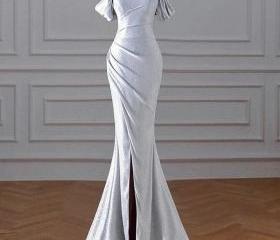 Charming Mermaid Off the Shoulder Silver Satin Prom Dress with Appliques VK25010204