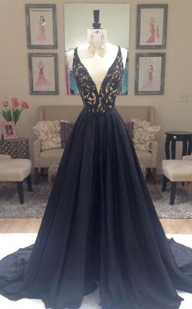 A Line Prom Dresses, Deep V-neck Prom Gown, Black Prom Dresses, Lace Formal Dresses, Sexy Party Dresses A Line Prom Dresses, Deep V-neck Prom
